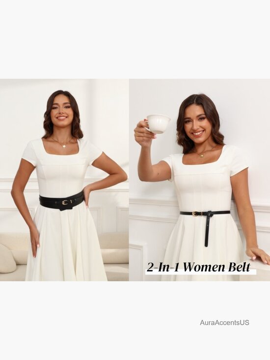 2-in-1 Wide Leather Belt with Detachable Skinny Belt for Dresses
